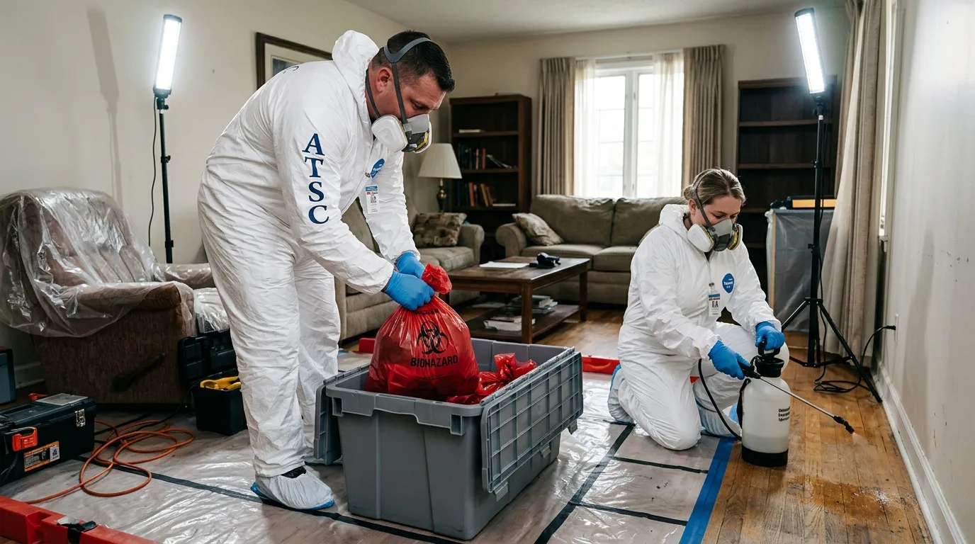 Professional Biohazard Cleanup technician in full PPE working in Drexel Hill